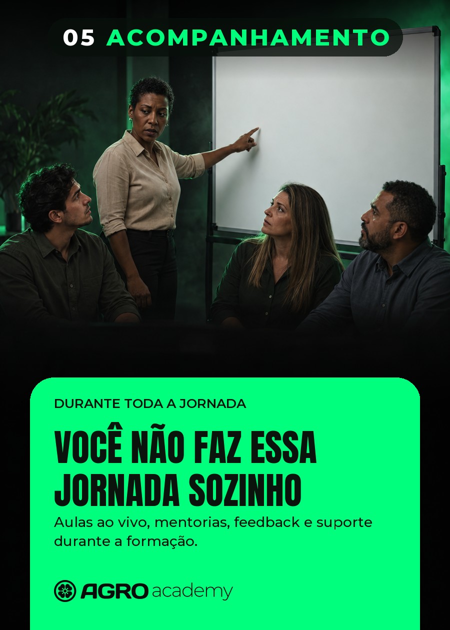 Acompanhamento: aulas ao vivo, mentorias, feedback e suporte